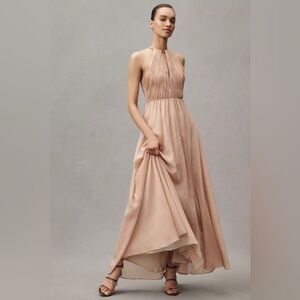 Mac Duggal Blush Halter Pleated Maxi Dress